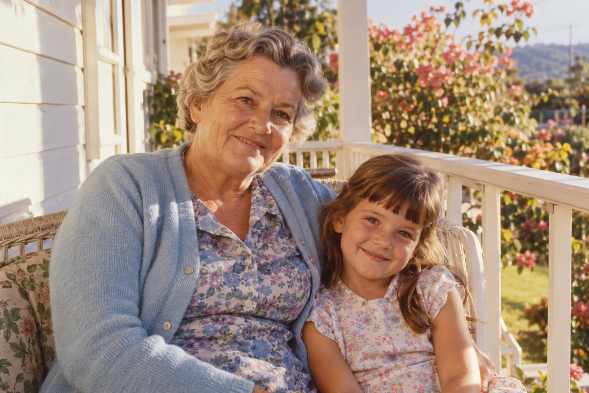 A grandmother and young child sitting together on a sunlit veranda